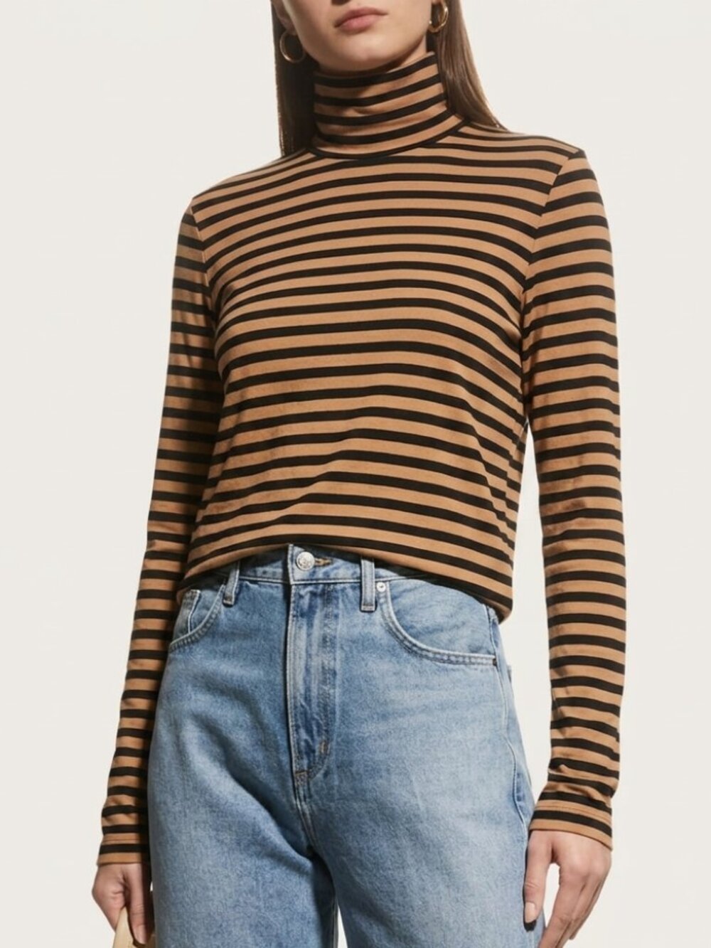 Majestic Filatures Long-Sleeve Striped Turtleneck T-Shirt Black/Tan | Sz 4/L